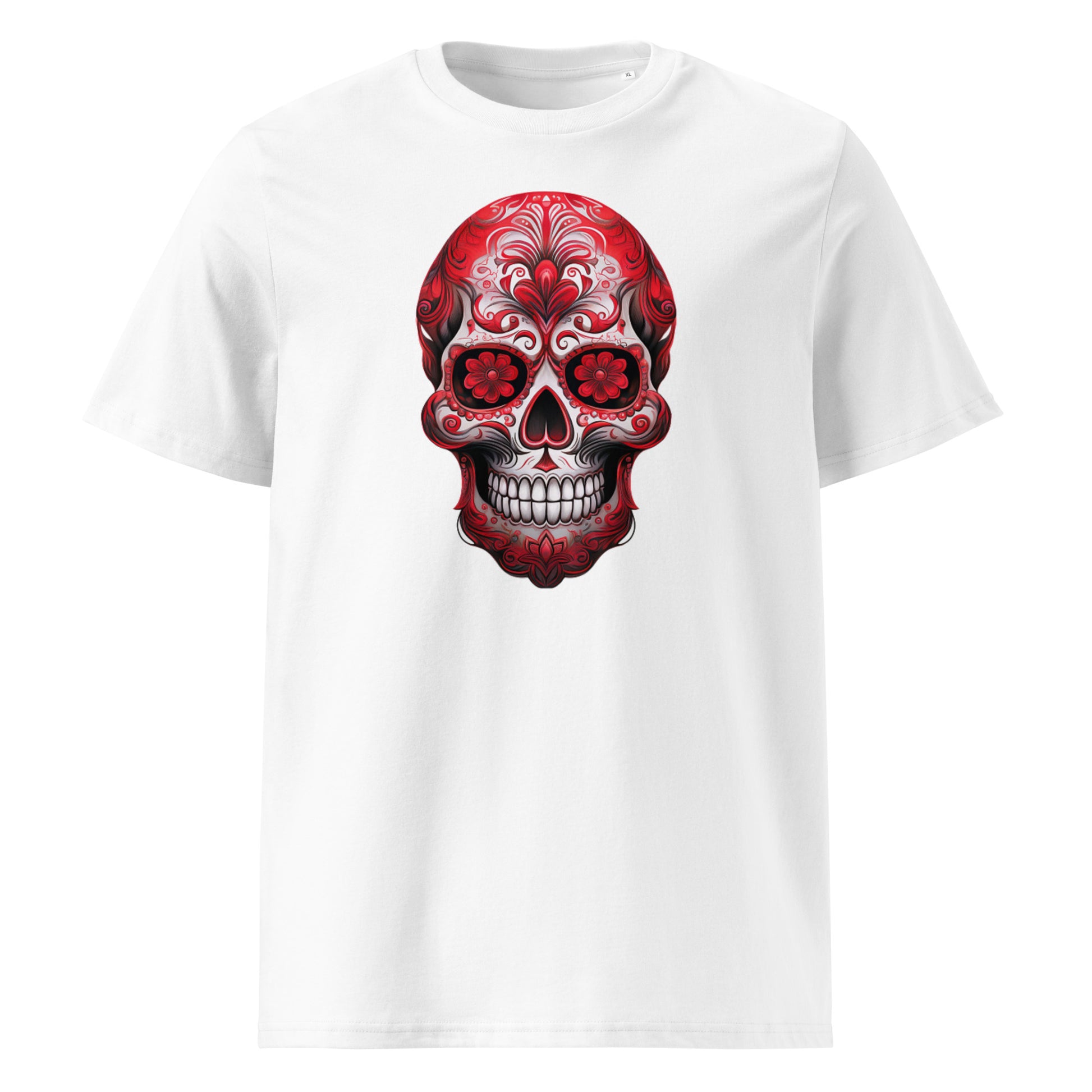 Front view of Mexican Skull Race Day Tee featuring a red and white Day of the Dead sugar skull inspired by Ferrari F1 team colours.