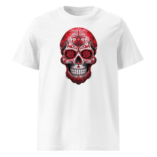 Front view of Mexican Skull Race Day Tee featuring a red and white Day of the Dead sugar skull inspired by Ferrari F1 team colours.