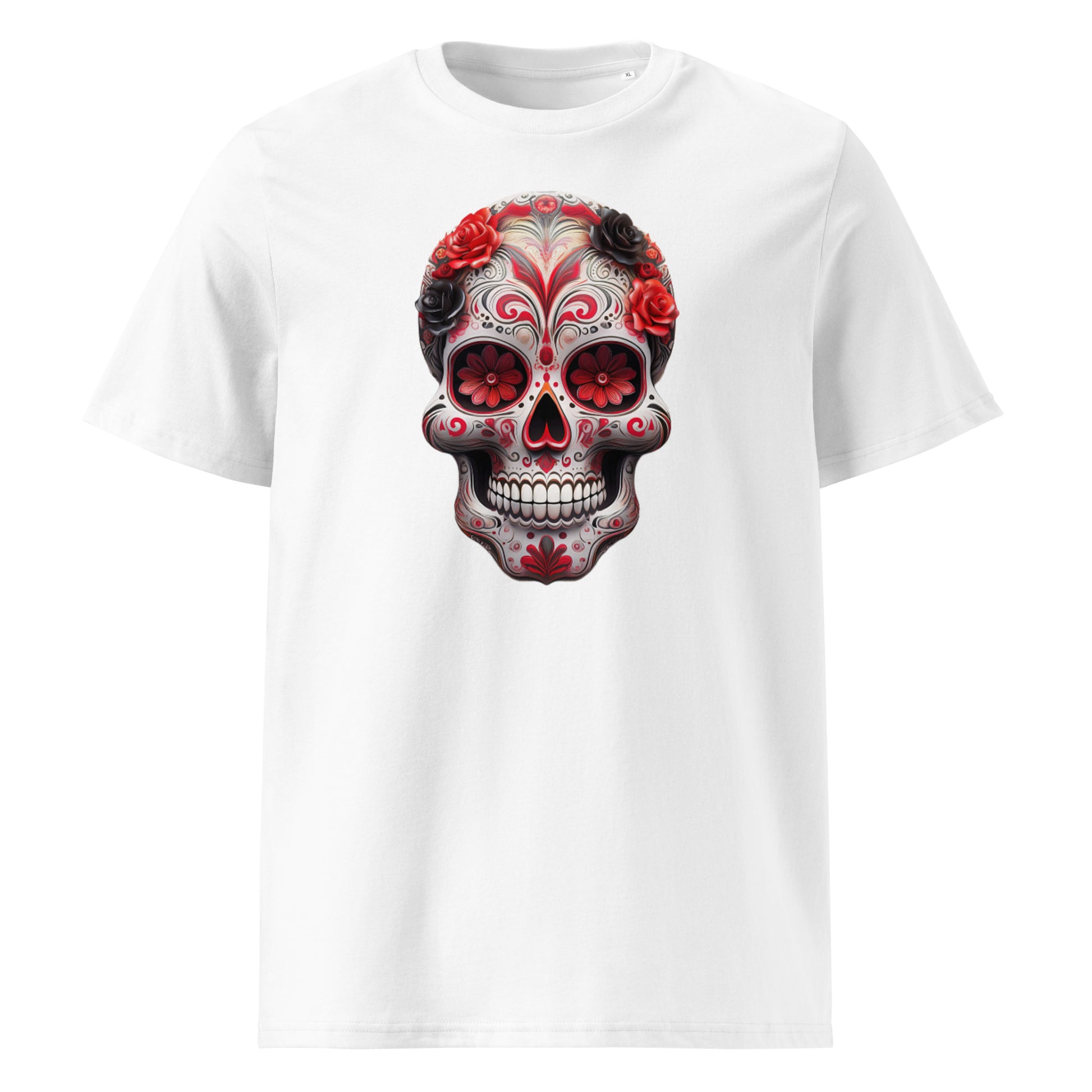 Front view of Mexican Skull Race Day Tee featuring a white, red, and black Day of the Dead sugar skull inspired by Haas F1 team colours.