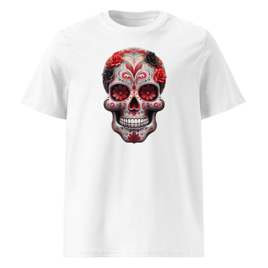 Front view of Mexican Skull Race Day Tee featuring a white, red, and black Day of the Dead sugar skull inspired by Haas F1 team colours.