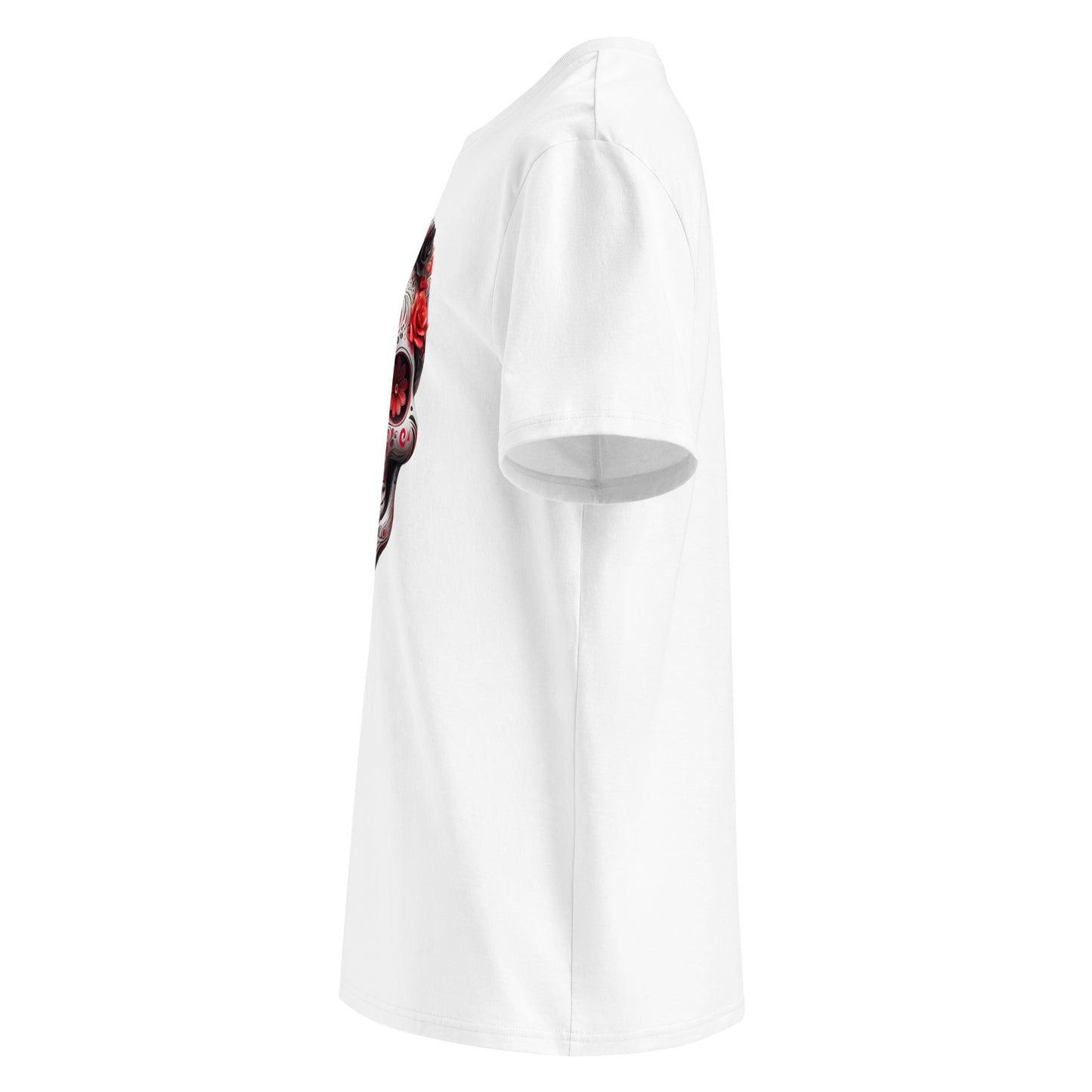 Left side view of Mexican Skull Race Day Tee highlighting crisp white skull artwork with red and black floral accents.