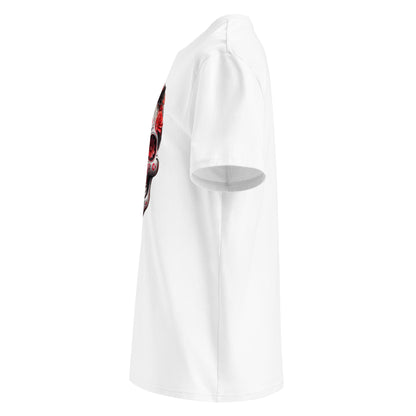 Left side view of Mexican Skull Race Day Tee highlighting crisp white skull artwork with red and black floral accents.