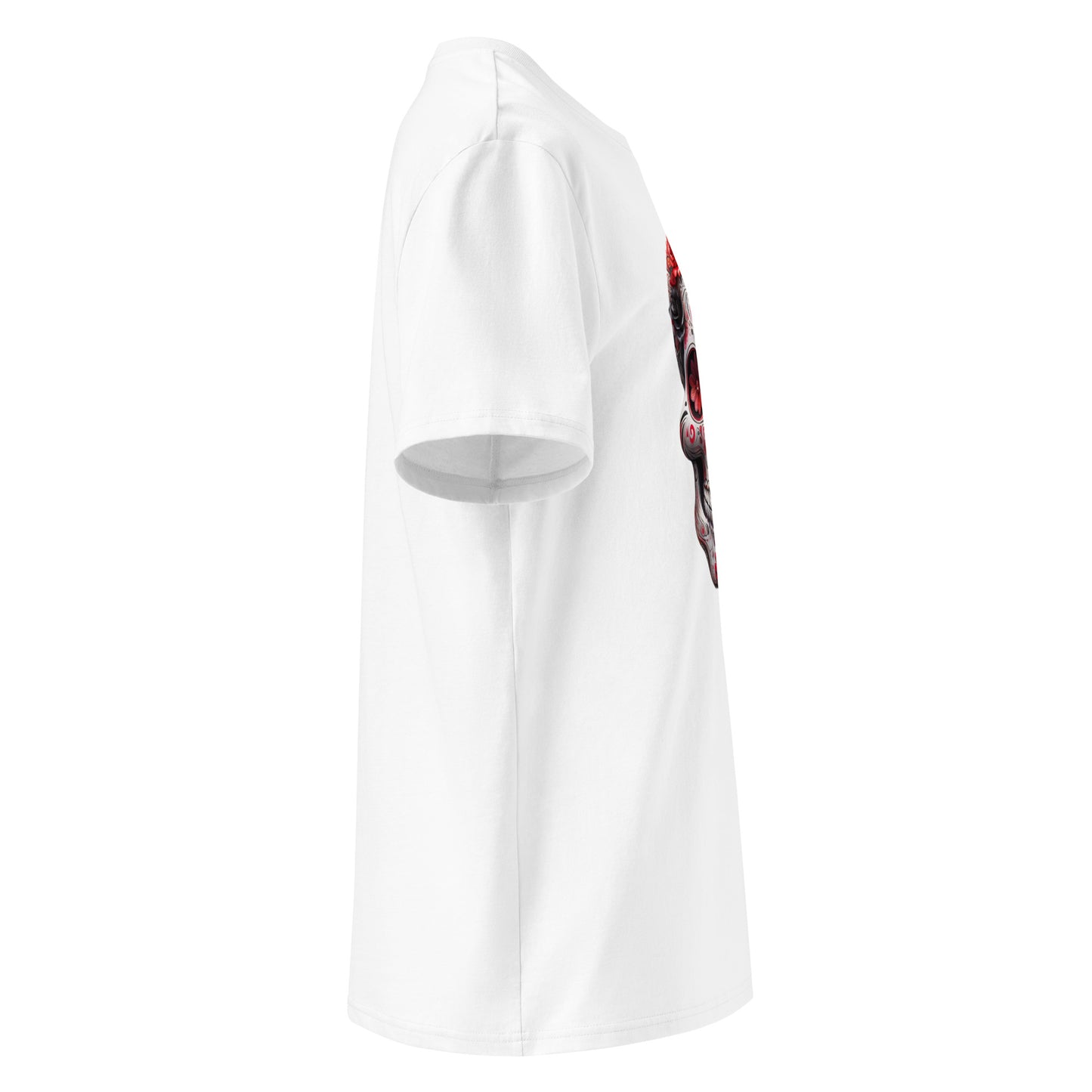 Right side angle of Mexican Skull Race Day Tee showing clean sleeve without logo and detailed red and black sugar skull design.