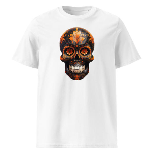 Front view of Mexican Skull Race Day Tee featuring a black and papaya orange Day of the Dead sugar skull inspired by McLaren F1 team colours.