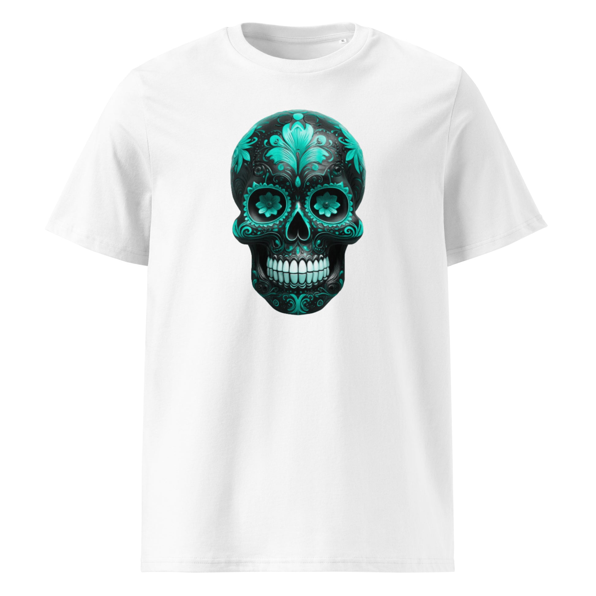 Front view of Mexican Skull Race Day Tee featuring a detailed teal and black Day of the Dead sugar skull inspired by Mercedes AMG F1 team colours.
