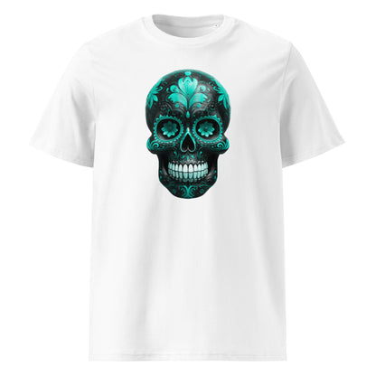 Front view of Mexican Skull Race Day Tee featuring a detailed teal and black Day of the Dead sugar skull inspired by Mercedes AMG F1 team colours.

