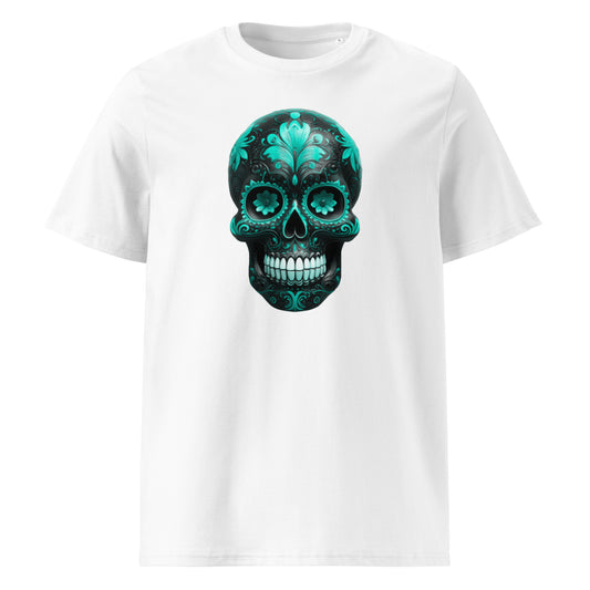 Front view of Mexican Skull Race Day Tee featuring a detailed teal and black Day of the Dead sugar skull inspired by Mercedes AMG F1 team colours.
