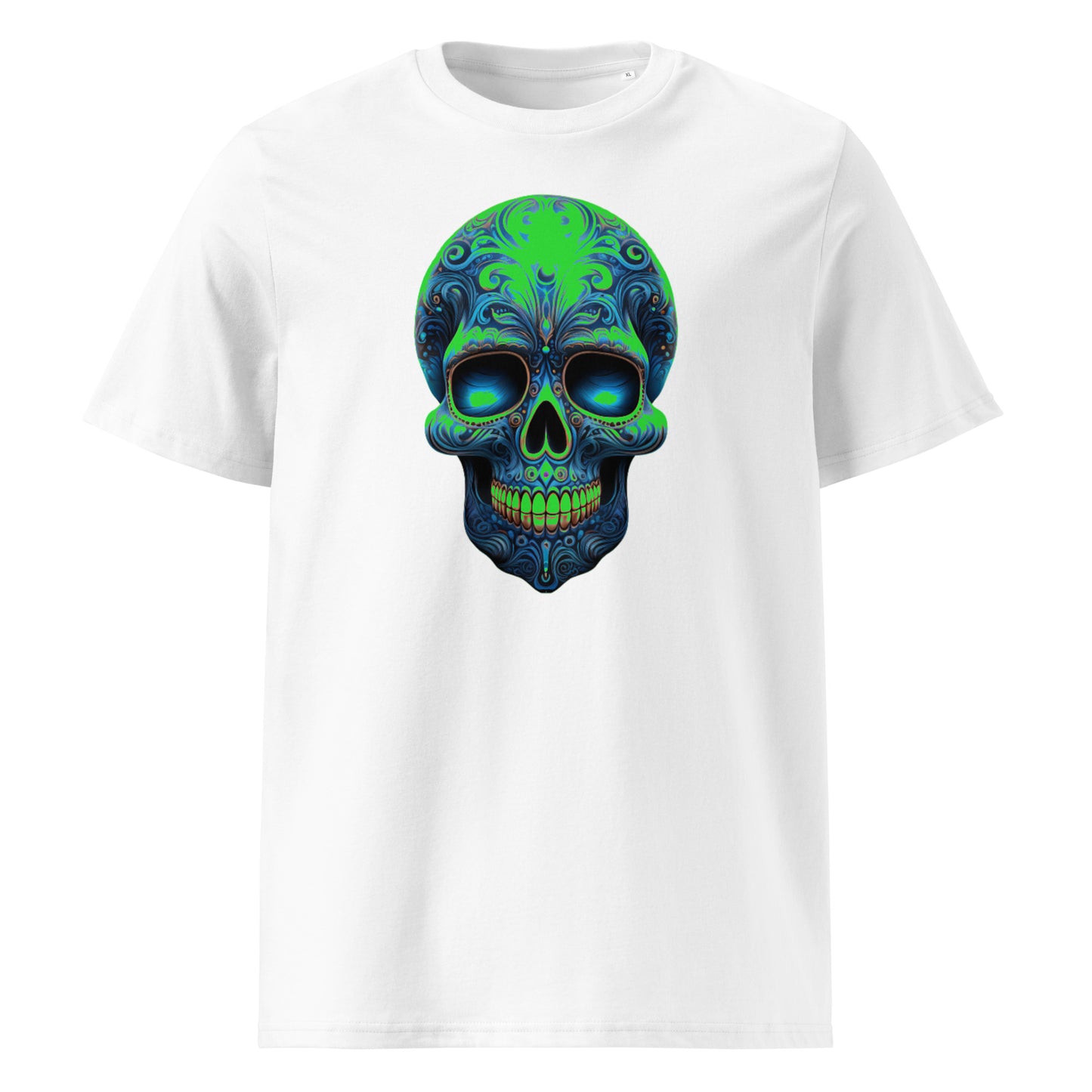 Front view of Mexican Skull Race Day Tee featuring blue and green Day of the Dead sugar skull inspired by Racing Bulls F1 team colours.