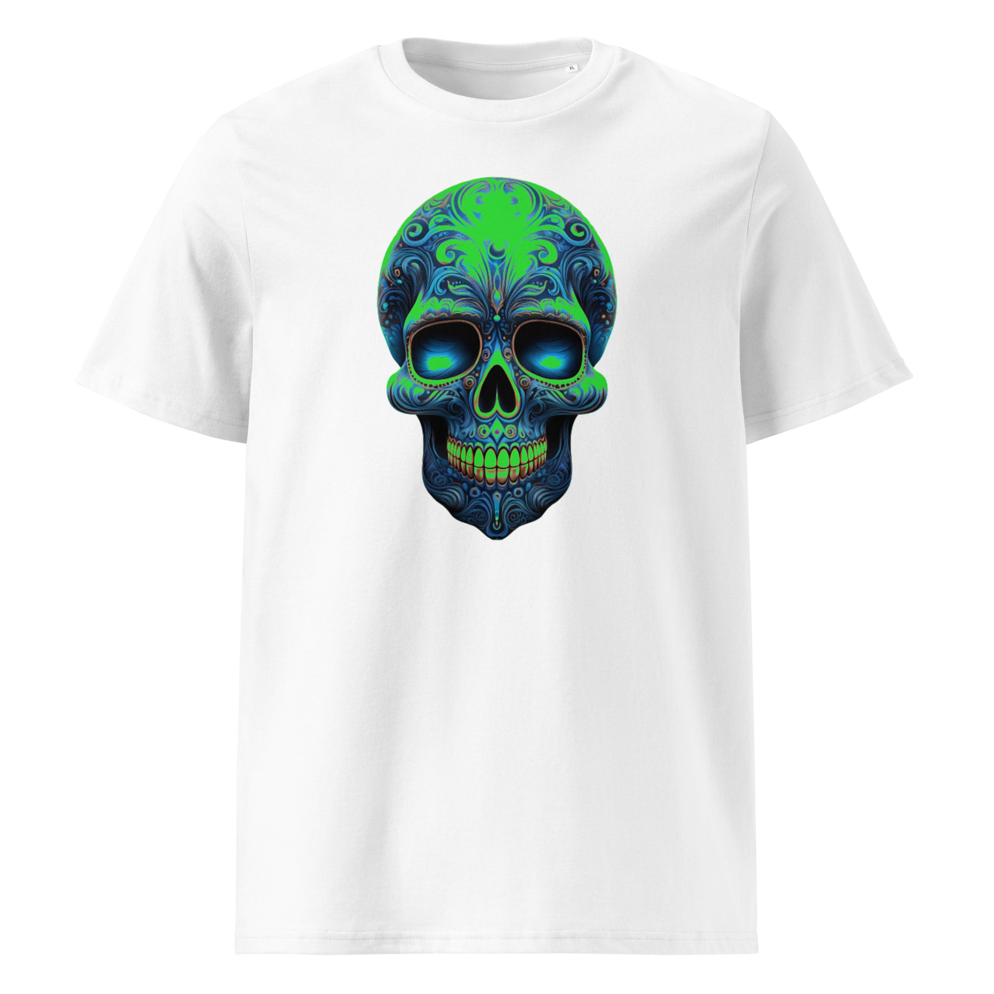 Front view of Mexican Skull Race Day Tee featuring blue and green Day of the Dead sugar skull inspired by Racing Bulls F1 team colours.