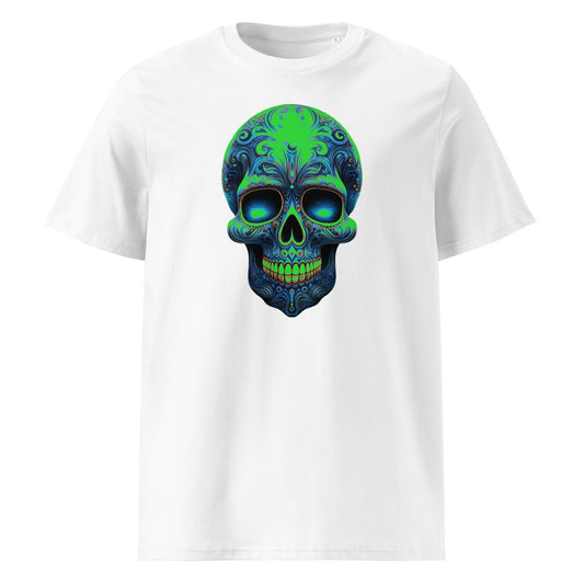Front view of Mexican Skull Race Day Tee featuring blue and green Day of the Dead sugar skull inspired by Racing Bulls F1 team colours.