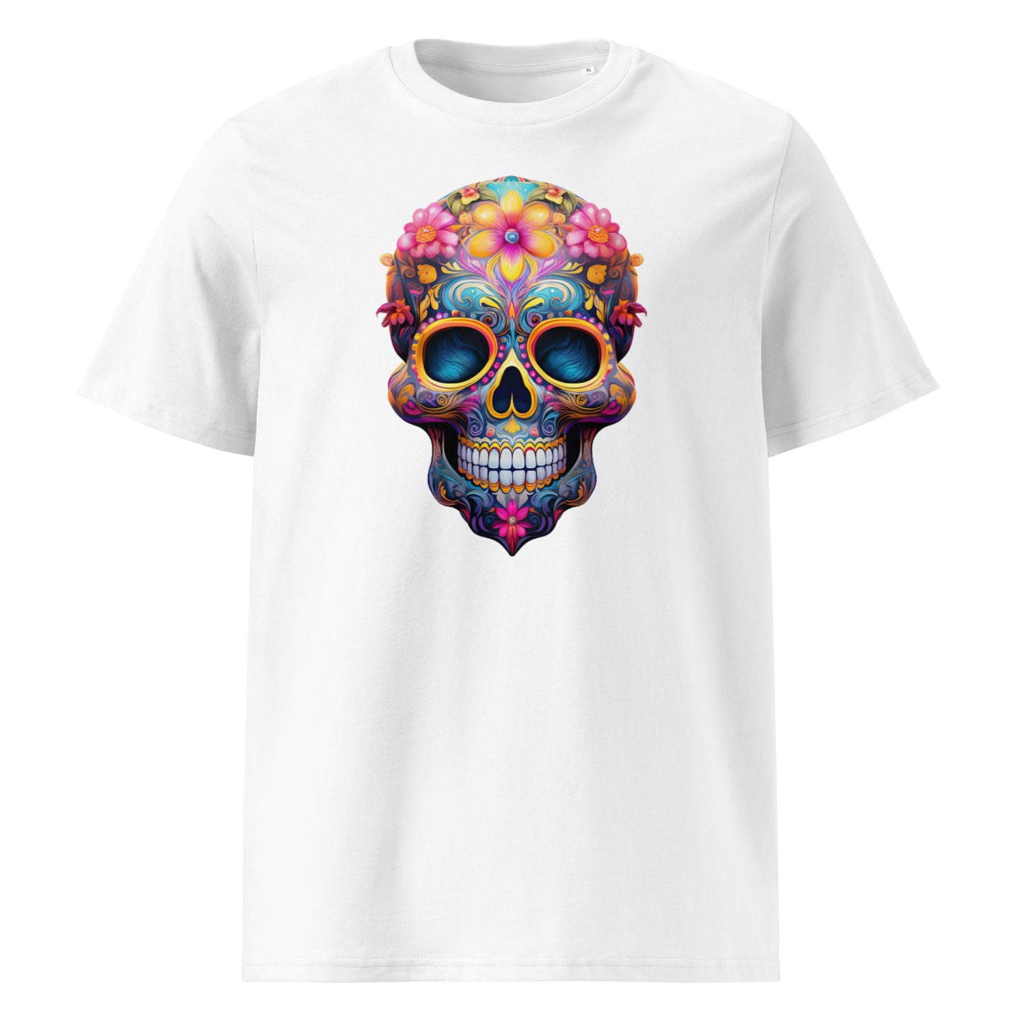 Front view of Mexican Skull Race Day Tee featuring a colourful sugar skull with blue, yellow, and red floral accents inspired by Red Bull Racing F1 team colours.