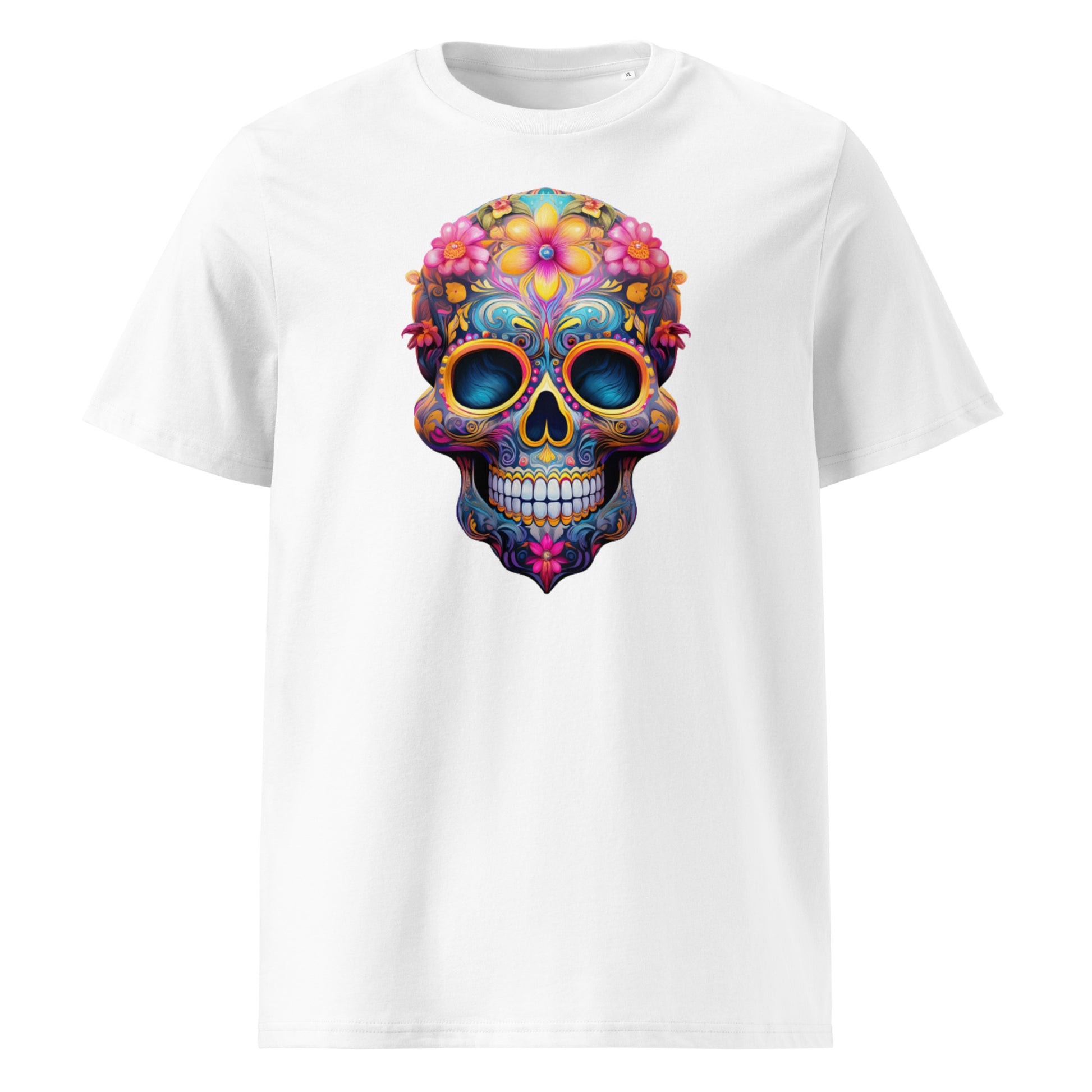 Front view of Mexican Skull Race Day Tee featuring a colourful sugar skull with blue, yellow, and red floral accents inspired by Red Bull Racing F1 team colours.