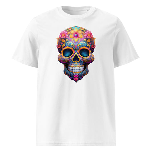 Front view of Mexican Skull Race Day Tee featuring a colourful sugar skull with blue, yellow, and red floral accents inspired by Red Bull Racing F1 team colours.