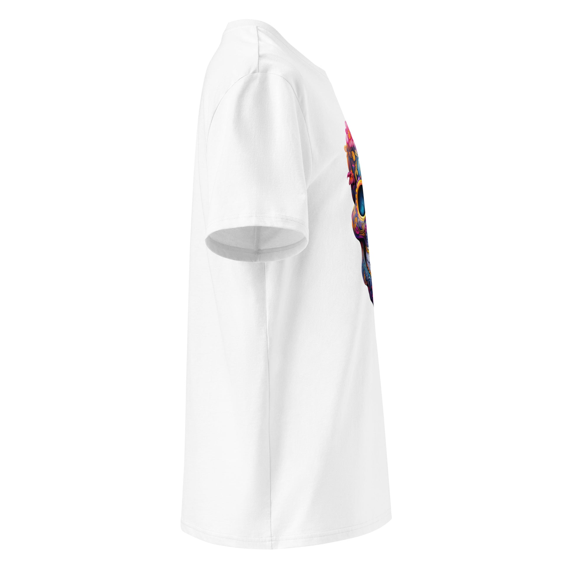 Right side angle of Mexican Skull Race Day Tee showing clean sleeve without logo and detailed vibrant sugar skull design.