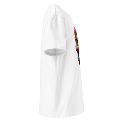 Right side angle of Mexican Skull Race Day Tee showing clean sleeve without logo and detailed vibrant sugar skull design.