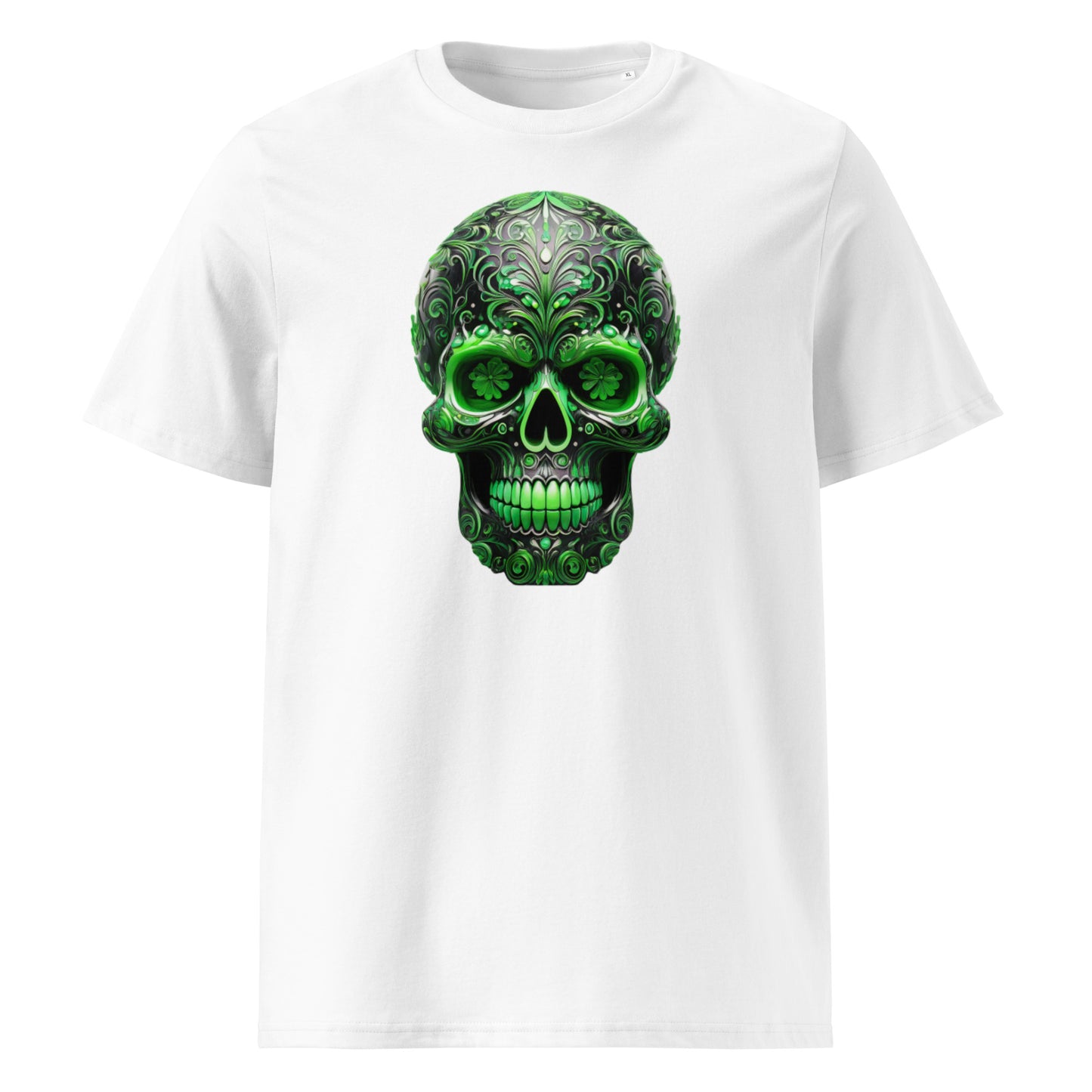 Front view of Mexican Skull Race Day Tee featuring green and black Day of the Dead sugar skull inspired by Stake Sauber team colours.