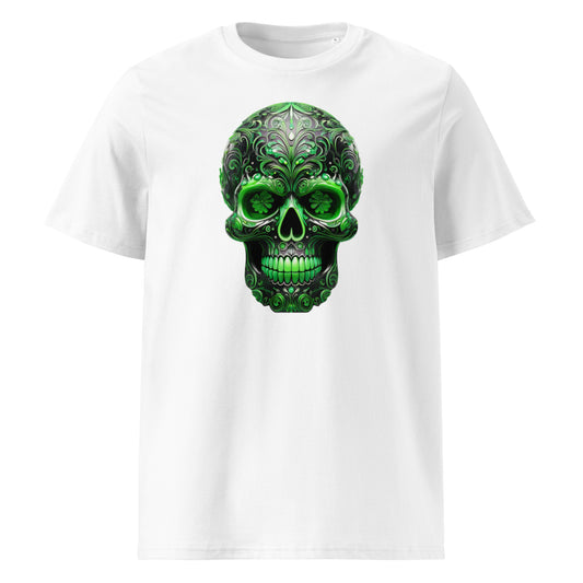 Front view of Mexican Skull Race Day Tee featuring green and black Day of the Dead sugar skull inspired by Stake Sauber team colours.