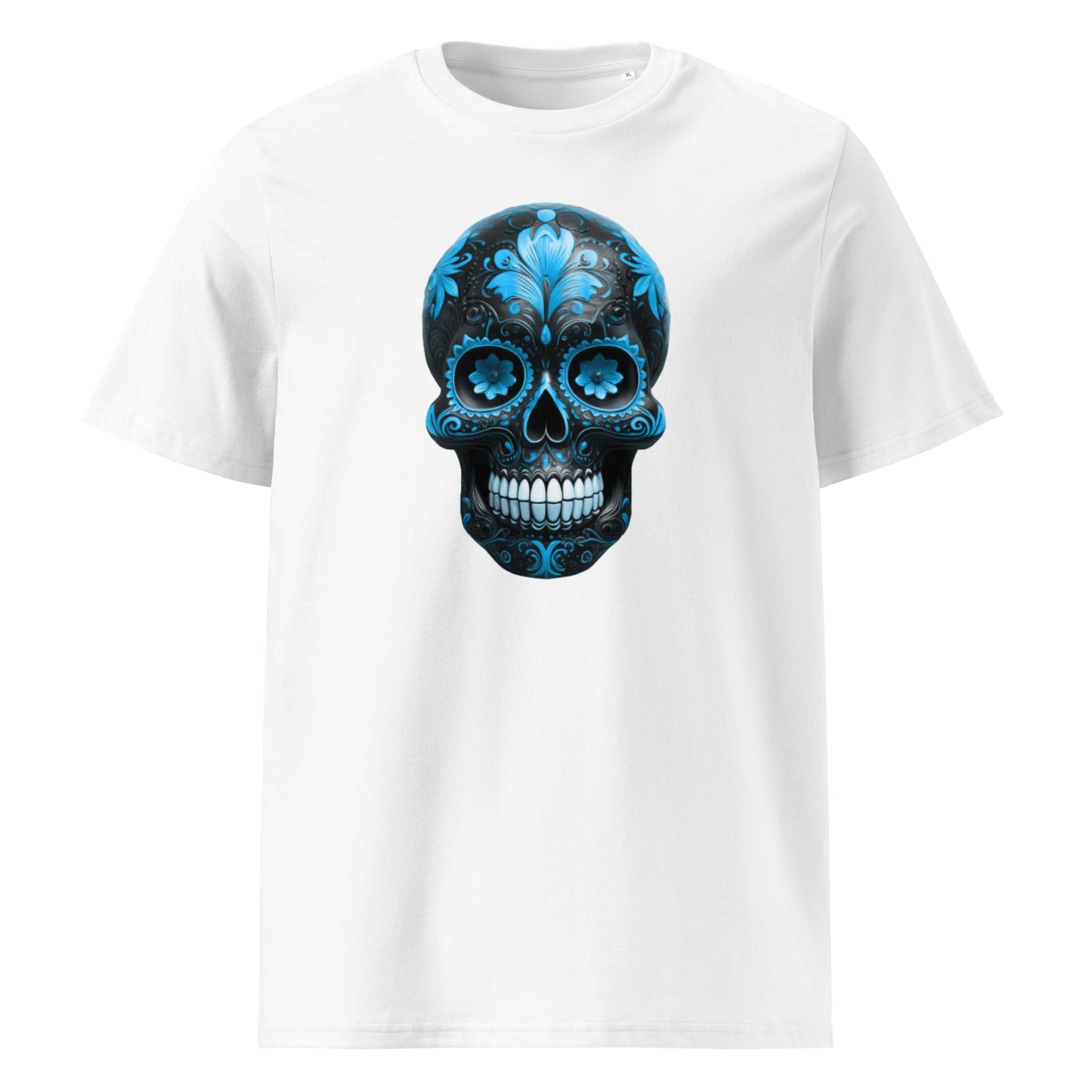 Front view of Mexican Skull Race Day Tee featuring blue and black Day of the Dead sugar skull inspired by Williams Racing F1 team colours.