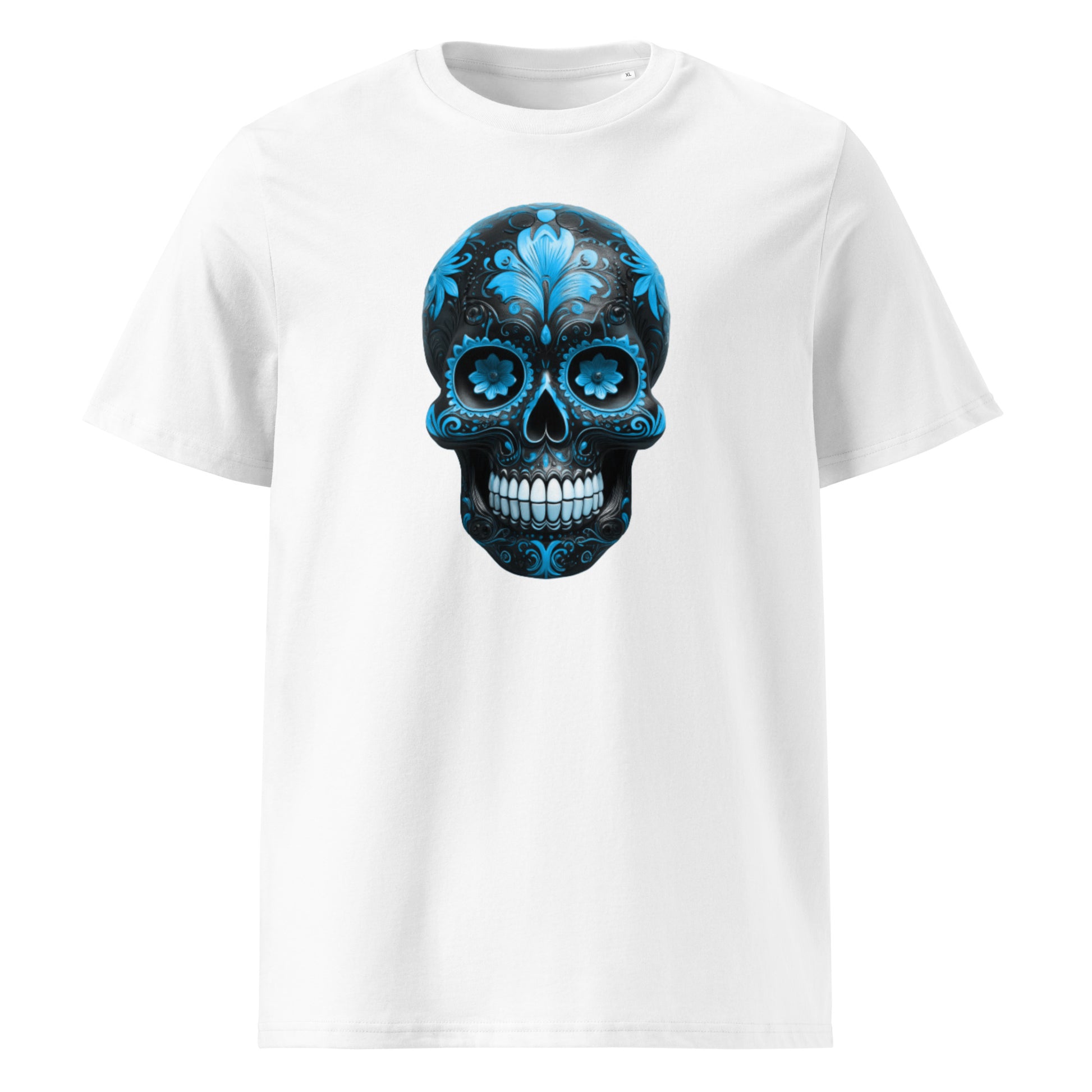 Front view of Mexican Skull Race Day Tee featuring blue and black Day of the Dead sugar skull inspired by Williams Racing F1 team colours.