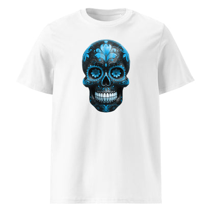 Front view of Mexican Skull Race Day Tee featuring blue and black Day of the Dead sugar skull inspired by Williams Racing F1 team colours.