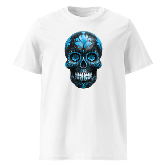 Front view of Mexican Skull Race Day Tee featuring blue and black Day of the Dead sugar skull inspired by Williams Racing F1 team colours.