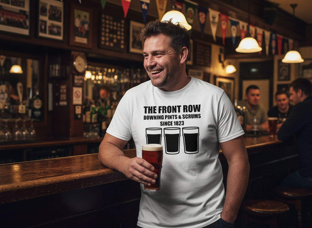 Mid-career rugby prop in his 30s wearing a white front row rugby t-shirt with "The Front Row Downing Pints & Scrums Since 1823" slogan and three pint graphics, smiling in a traditional UK rugby club bar with warm lighting and memorabilia.
