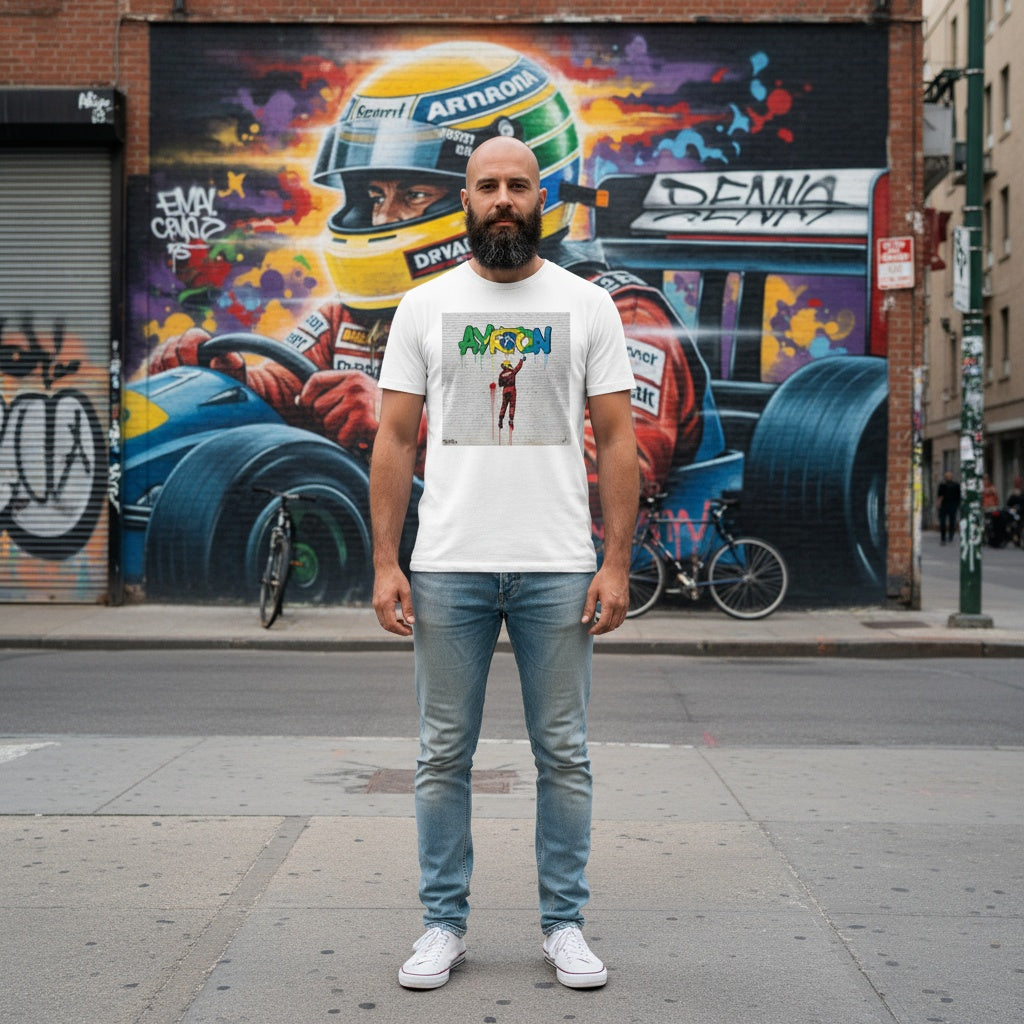 man wearing TheTeeShop’s Ayrton Senna street art graffiti t-shirt from the Paddock Collection, standing in front of a vibrant Ayrton Senna mural with a Formula 1 car and Brazilian flag colours in an urban street setting.