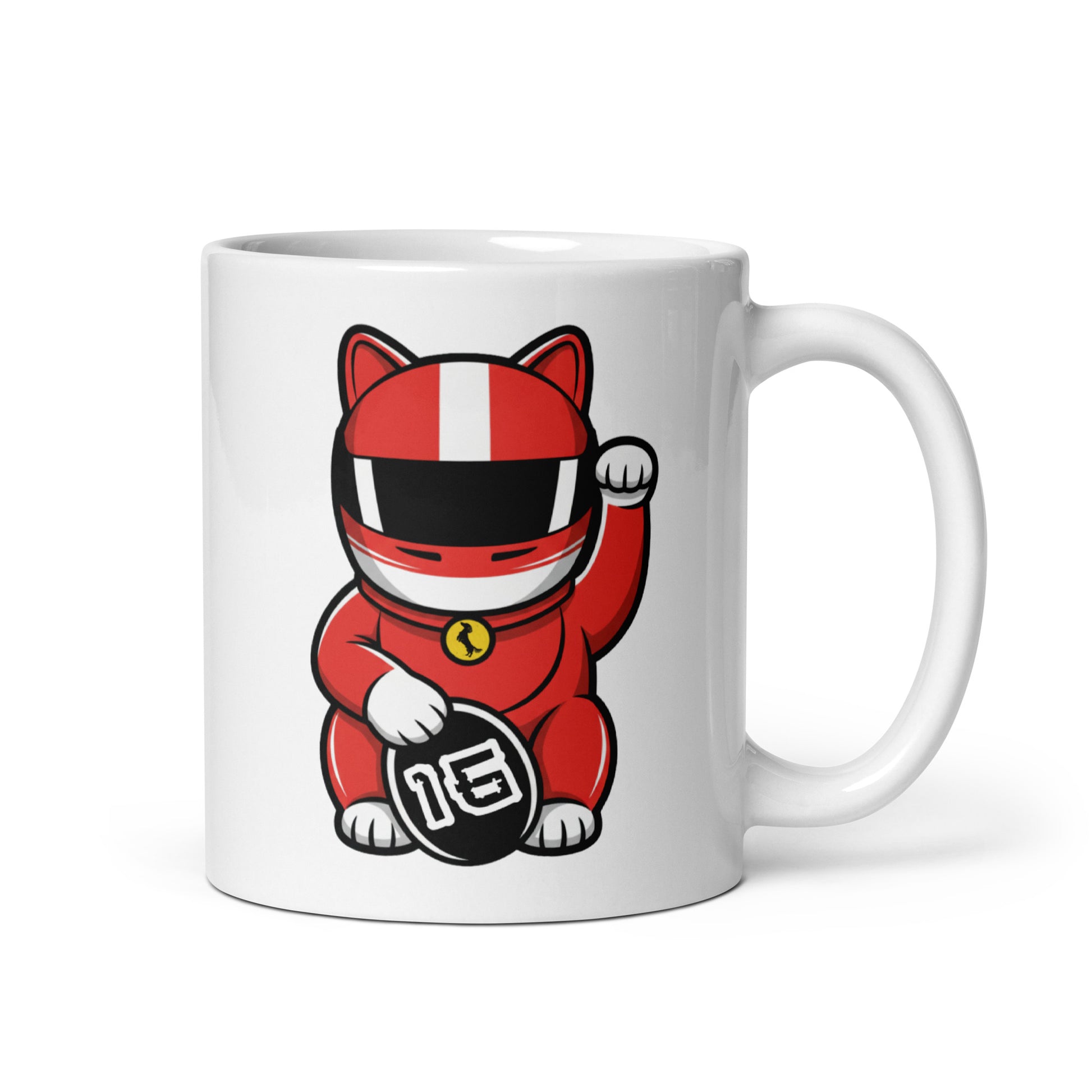Motorsport-inspired lucky cat mug with bold red suit artwork and #16 coin detail perfect for Monaco vibes, race mornings, and desk flex energy.