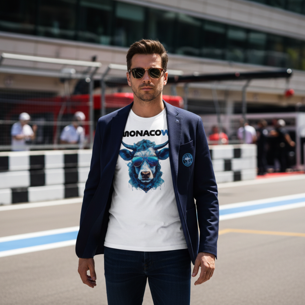 Male racing fan in the paddock standing face‑on near the pit wall, wearing a white Monacow T‑shirt with blue cow and sunglasses graphic, styled with slim jeans, a navy sports jacket and sunglasses, with garages and pit lane blurred behind.