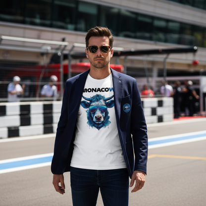Male racing fan in the paddock standing face‑on near the pit wall, wearing a white Monacow T‑shirt with blue cow and sunglasses graphic, styled with slim jeans, a navy sports jacket and sunglasses, with garages and pit lane blurred behind.