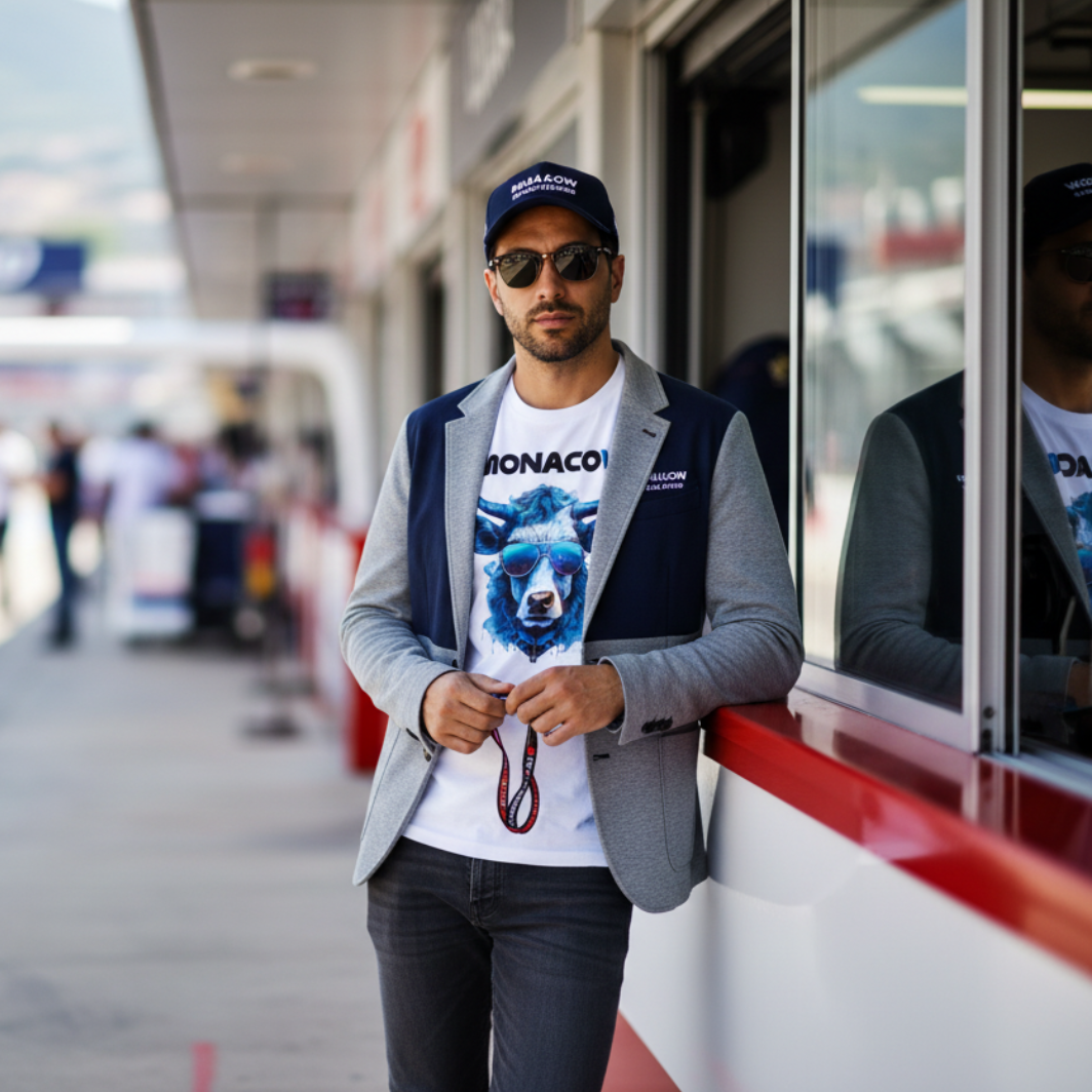 Male F1 fan in the Monaco Grand Prix paddock wearing a white Monacow T‑shirt with blue cow and sunglasses graphic, styled with slim jeans, a smart casual sports jacket and sunglasses, standing near the pit wall with garages and pit lane blurred behind.