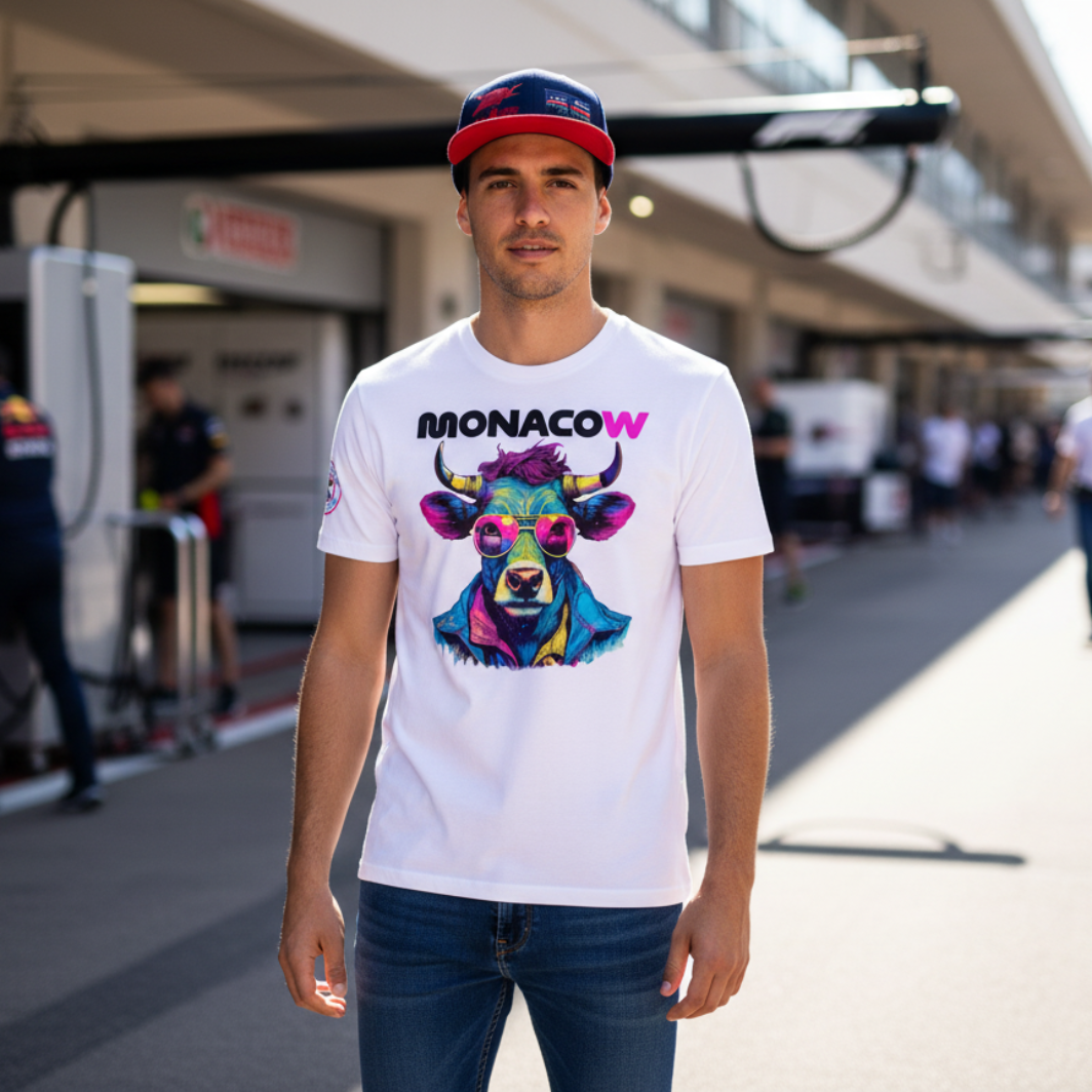 Male F1 fan in the Monaco Grand Prix paddock standing face‑on to the camera wearing a white Monacow T‑shirt with colourful neon cow and pink sunglasses graphic over slim jeans and a navy and red Red Bull–inspired cap, with the pit wall, garages and pit lane blurred behind.
