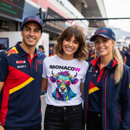 Three friends in the Monaco Grand Prix paddock; the central fan wears a white Monacow T‑shirt with colourful neon cow and pink sunglasses graphic, while the two friends wear dark blue Red Bull–inspired jackets and polos with bold red and yellow panels, sponsor‑style patches and navy‑red caps, all standing together with garages, pit wall and pit lane blurred behind.