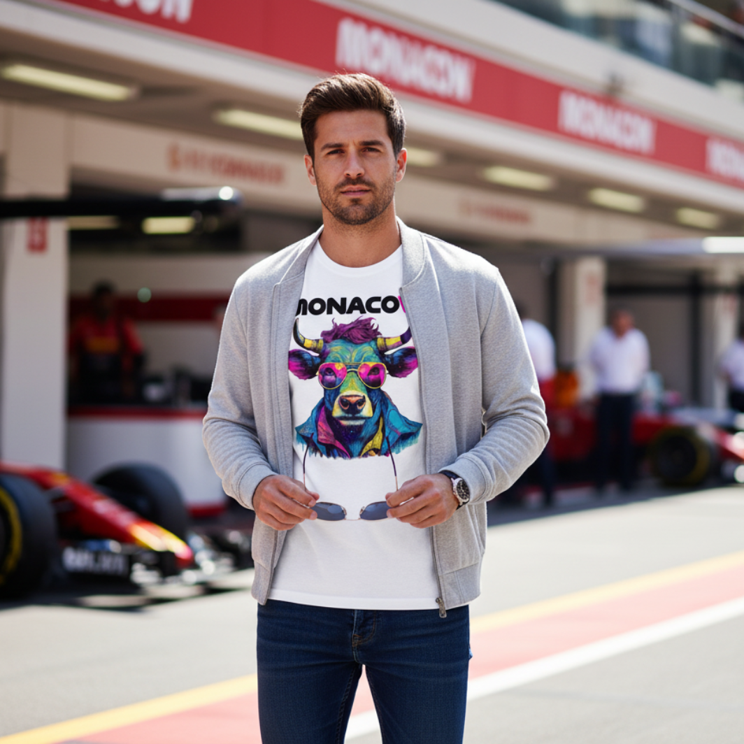 Male F1 fan in the Monaco Grand Prix paddock wearing a white Monacow T‑shirt with colourful neon cow and pink sunglasses graphic, styled with slim jeans and a casual jacket, standing near the pit wall with garages and pit lane blurred behind.