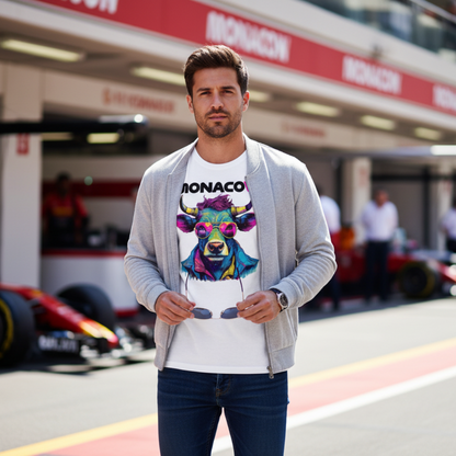 Male F1 fan in the Monaco Grand Prix paddock wearing a white Monacow T‑shirt with colourful neon cow and pink sunglasses graphic, styled with slim jeans and a casual jacket, standing near the pit wall with garages and pit lane blurred behind.