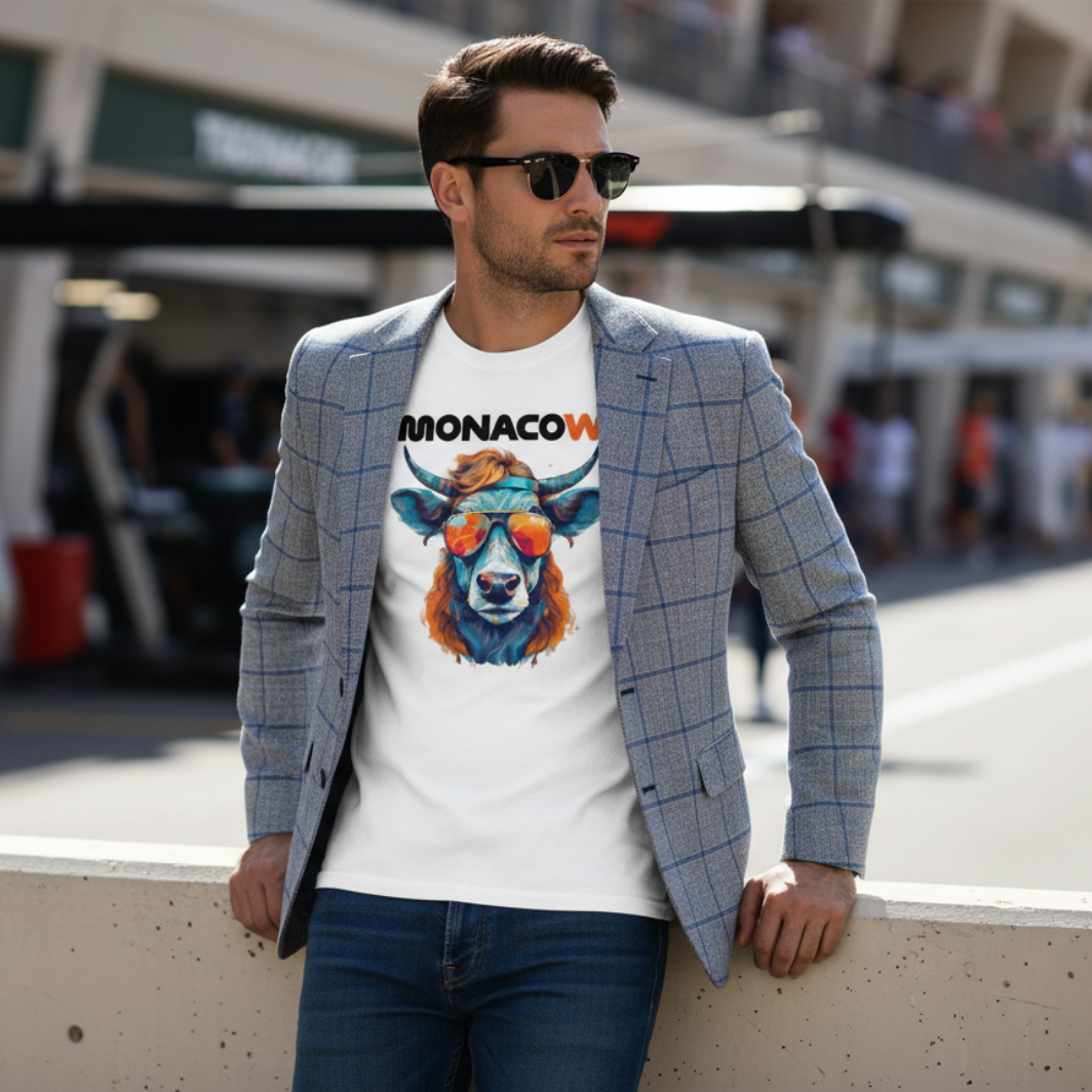 Male F1 fan in the Monaco Grand Prix paddock wearing a white Monacow T‑shirt with orange and blue cow and orange sunglasses graphic, styled with slim blue jeans, a smart casual sports jacket and sunglasses, leaning near the pit wall with garages and pit lane blurred behind.