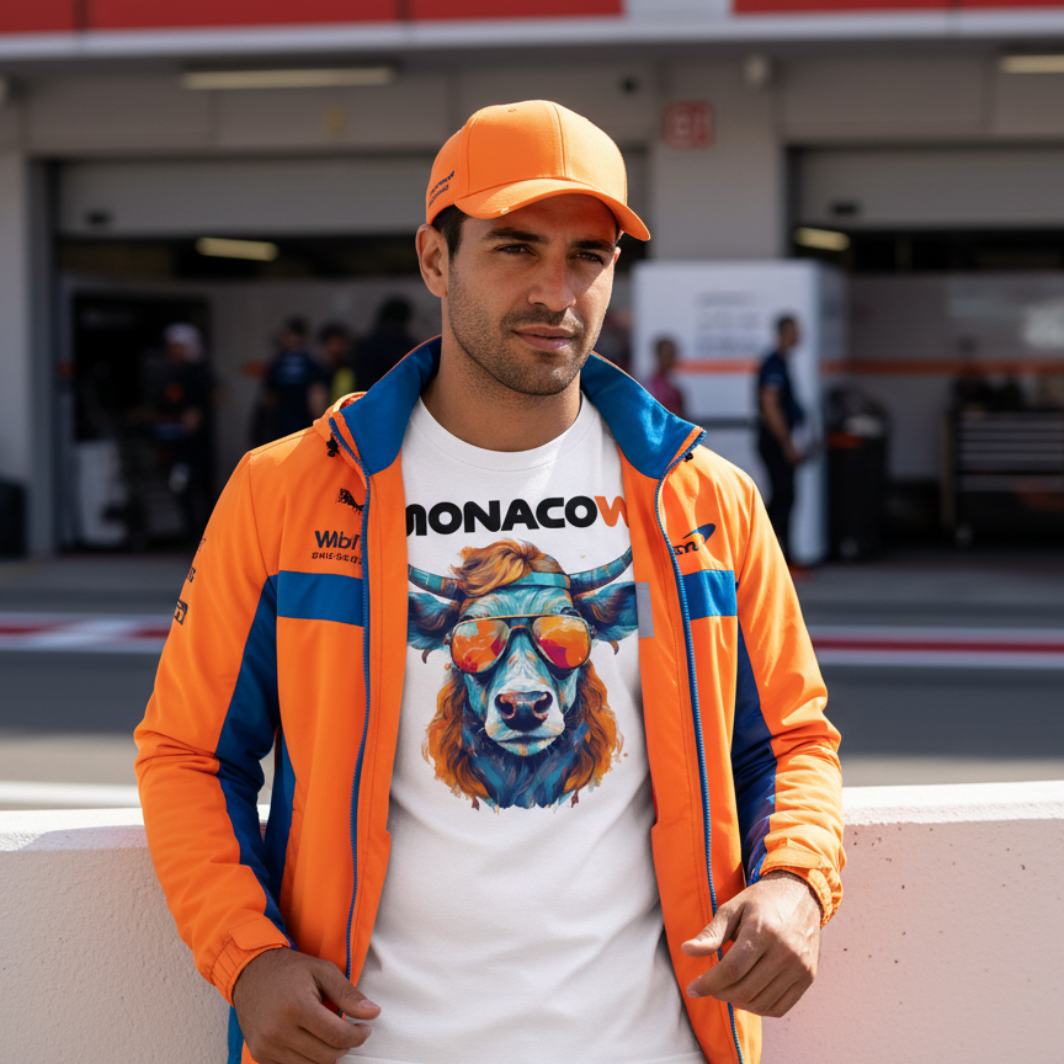 Male motorsport fan in the Monaco Grand Prix paddock wearing a white Monacow T‑shirt with orange and blue cow and orange sunglasses graphic under an open papaya and blue McLaren‑inspired jacket with a papaya cap, standing near the pit wall with garages and pit lane blurred behind.