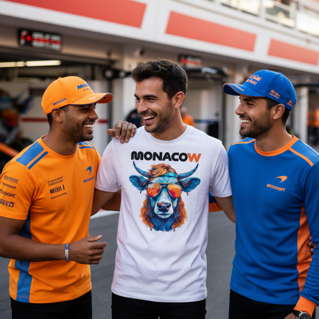 Three friends in the Monaco Grand Prix paddock; one wears a white Monacow T‑shirt with orange and blue cow and orange sunglasses graphic, while two friends wear papaya and blue McLaren‑inspired racing tops and caps, all standing together with garages, pit wall and pit lane blurred behind.