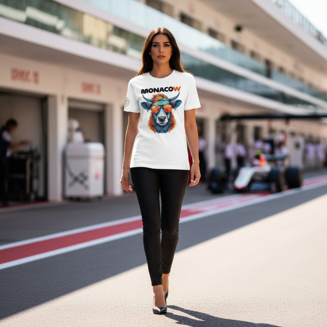 Female F1 fan in the Monaco Grand Prix paddock wearing a white Monacow T‑shirt with orange and blue cow and orange sunglasses graphic, styled with black leggings and high heels, walking past the garages with the pit lane blurred behind.