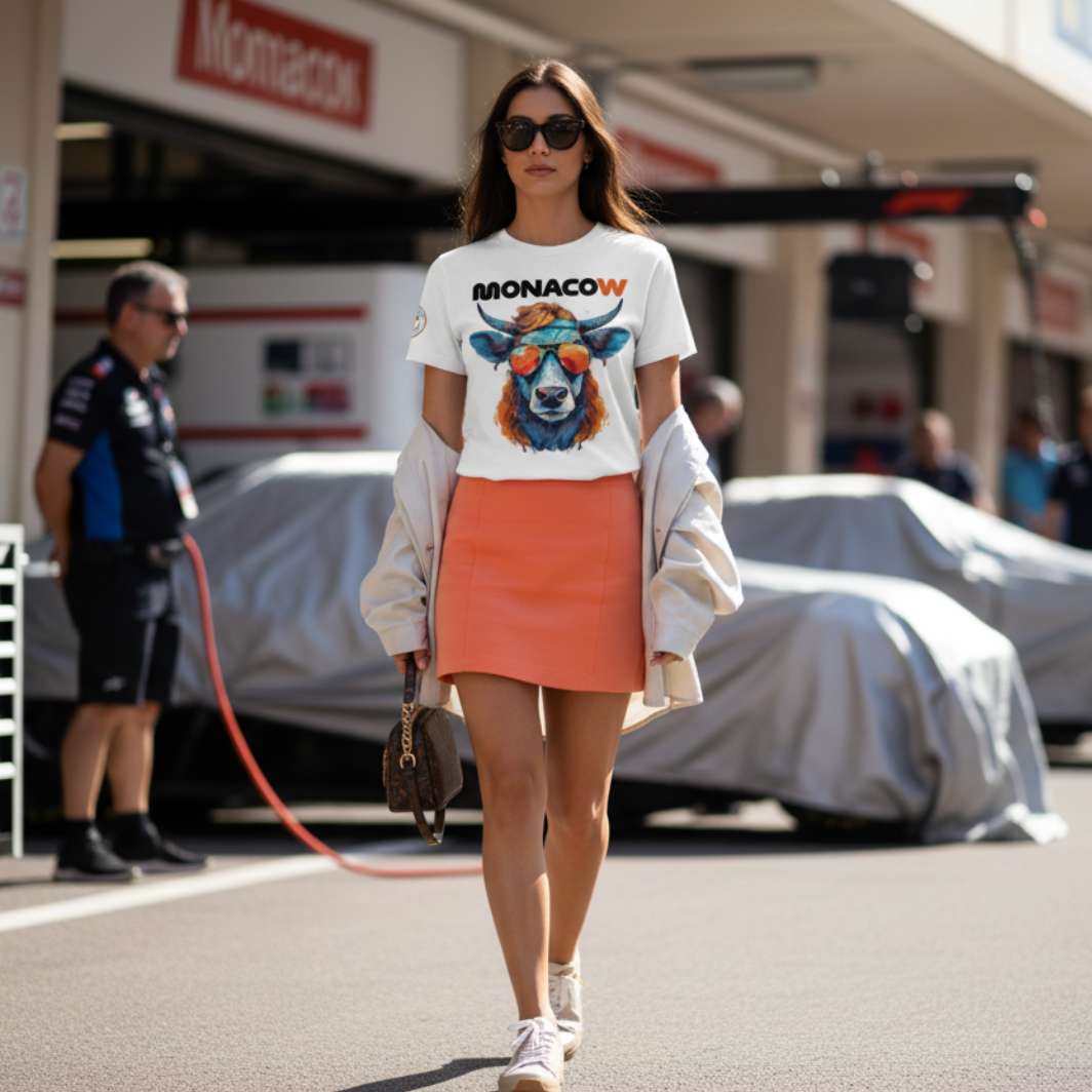 Female F1 fan in the Monaco Grand Prix paddock wearing a white Monacow T‑shirt with orange and blue cow and orange sunglasses design, styled with a papaya‑orange mini skirt and light jacket, walking past garages with the pit lane blurred behind.