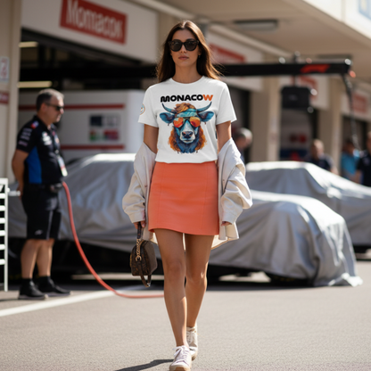 Female F1 fan in the Monaco Grand Prix paddock wearing a white Monacow T‑shirt with orange and blue cow and orange sunglasses design, styled with a papaya‑orange mini skirt and light jacket, walking past garages with the pit lane blurred behind.
