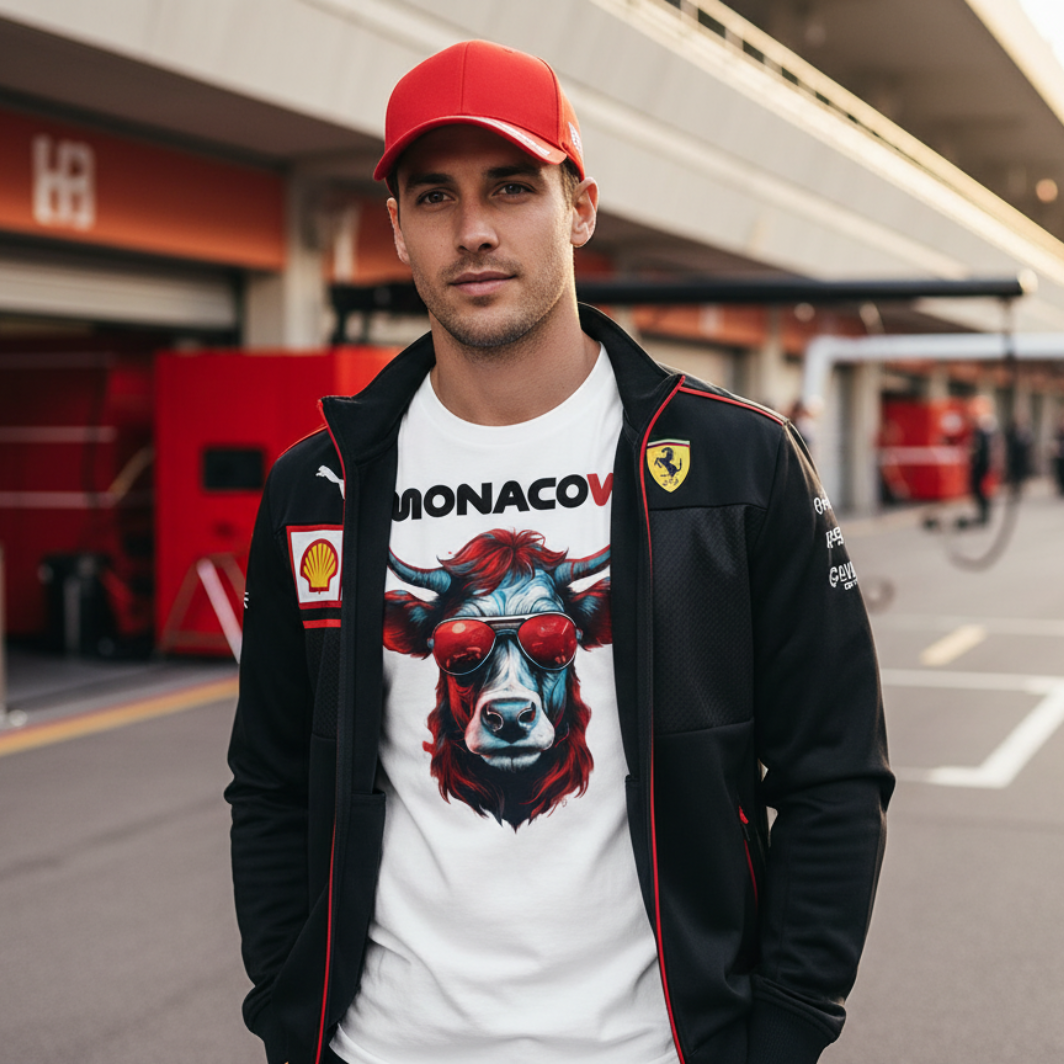 Male F1 fan in the Monaco Grand Prix paddock wearing a white Monacow T‑shirt with red and blue cow and red sunglasses graphic under an open black Ferrari‑inspired jacket and a red cap, with garages and pit lane blurred behind.