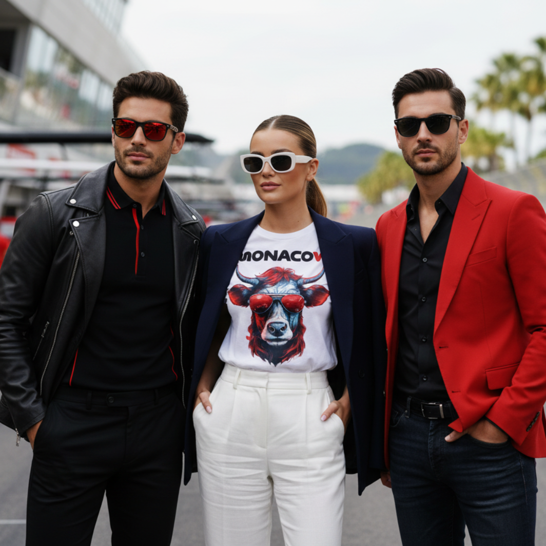 Three friends in the Monaco Grand Prix paddock; one female fan wears a white Monacow T‑shirt with red and blue cow and red sunglasses graphic, while two friends wear stylish black and red Ferrari‑inspired outfits, all standing together with garages and pit lane blurred behind.