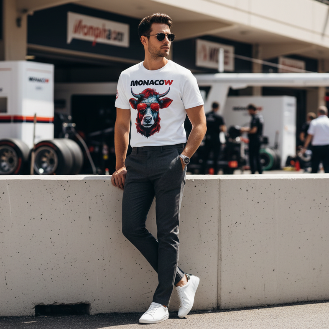 Male racing fan in the paddock wearing a white Monacow T‑shirt with red and blue cow and red sunglasses graphic, styled with slim trousers and sunglasses, leaning casually near the pit wall with garages and pit lane blurred behind.