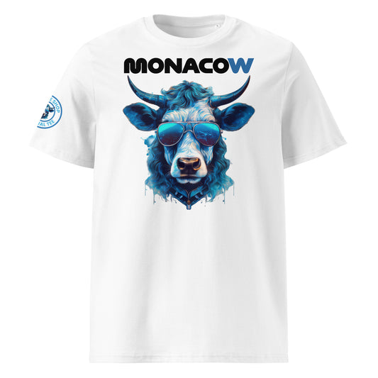 Front view of the Monacow T-Shirt featuring the “MONACOW” text and a stylish cow illustration with blue accents.
