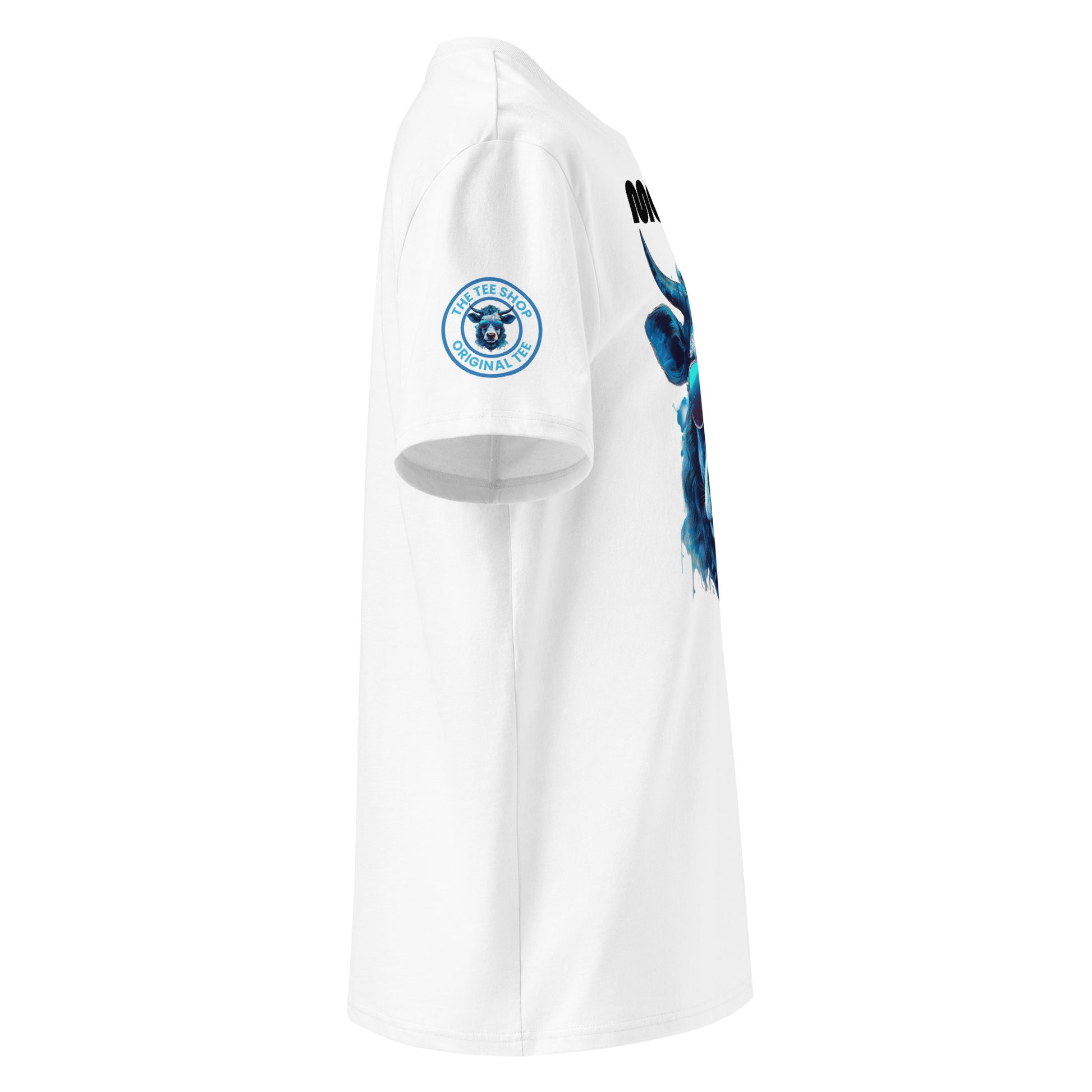 Right sleeve view of the Monacow T-Shirt showing TheTeeShop logo with cow-themed graphic.