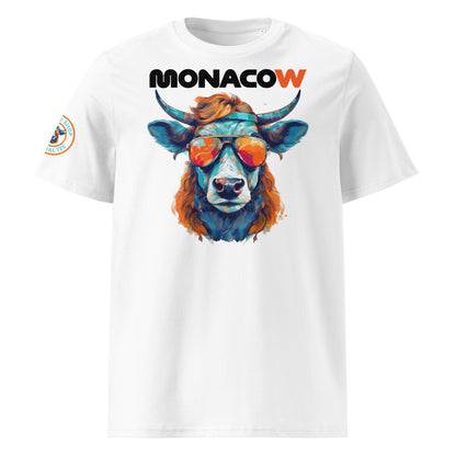 Front view of the Monacow T-Shirt featuring the “MONACOW” text and a stylish cow illustration in Papaya and Gulf Blue.