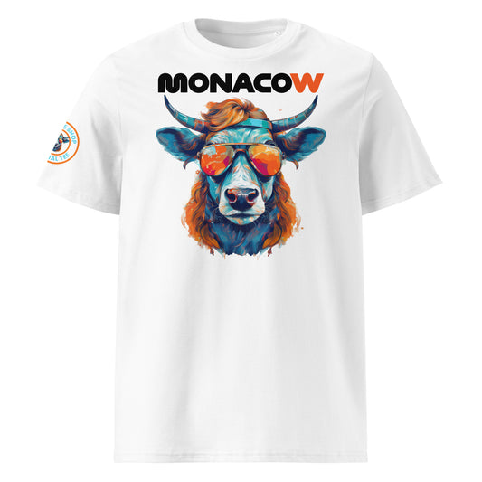 Front view of the Monacow T-Shirt featuring the “MONACOW” text and a stylish cow illustration in Papaya and Gulf Blue.