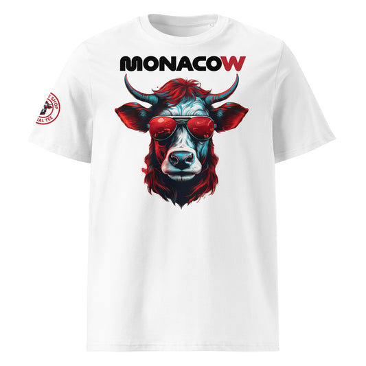 Front view of the Monacow T-Shirt featuring the “MONACOW” text and a bold red cow illustration – perfect for Ferrari fans.