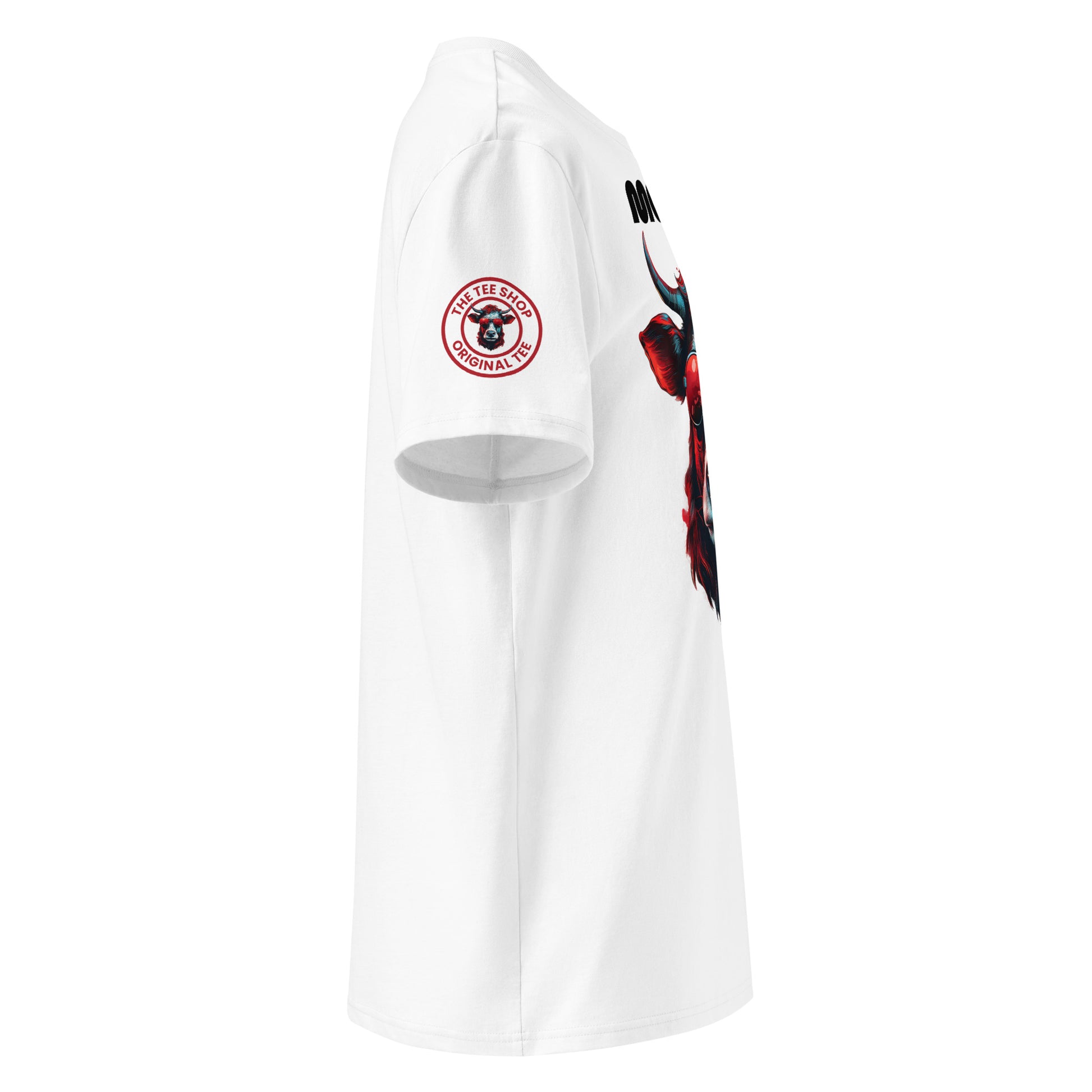 Right sleeve view of the Monacow T-Shirt Red Cow Edition showing TheTeeShop logo with a Monaco-themed graphic.